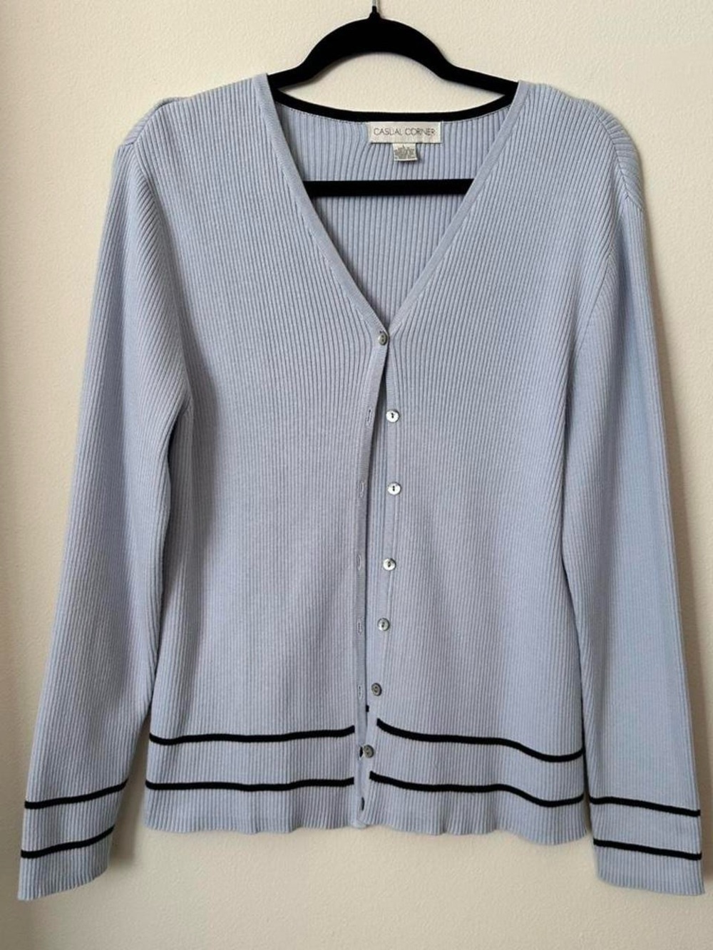 90’s Vintage Casual Corner Ribbed Knit Cardigan Sweater w/ Black Trim Size L
